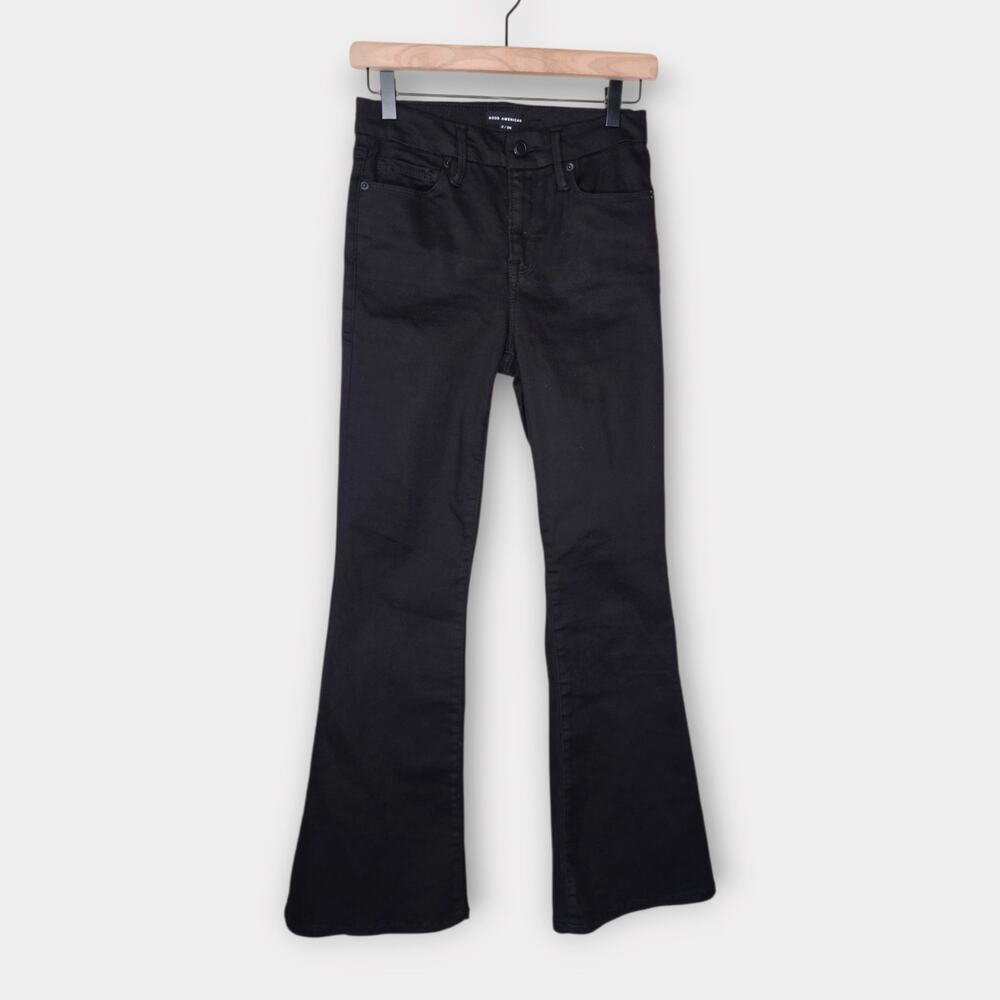 Good American Black Good Petite Flare Jeans Stretchy Women's Sz 26
